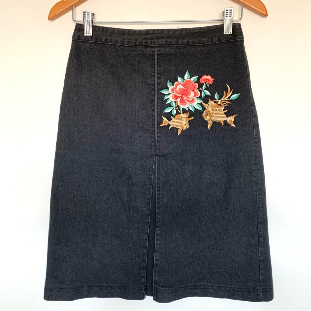 Charcoal Black Denim Knee Length Skirt with Embroidery